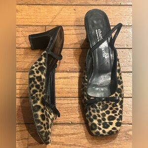 Charles David Fluffy Leopard Print Leather Heeled Slingback Mules Size 8.5